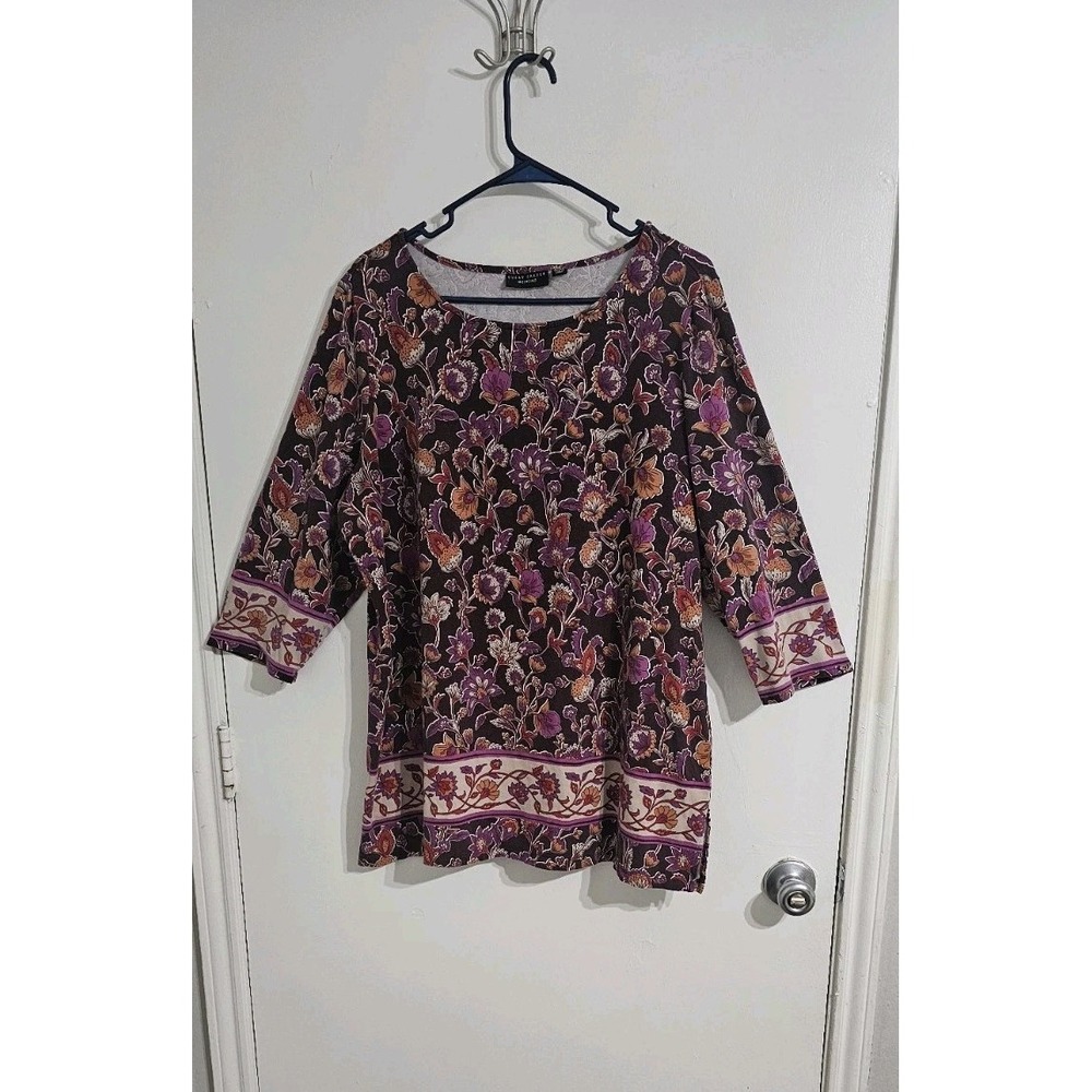 Susan Graver Women's Paisley Tunic Top Sz IX Purple Boho Cottagecore Artsy
